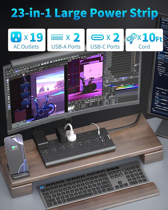 Surge Protector Power Strip with 19 Outlets and 4 USB Ports, HOPOW 10 Ft Flat Plug Heavy Duty Extension Cord, 1875W, 2100J Surge Protection, Wall Mount for Home, Office, Gaming Room, Dorm, Black