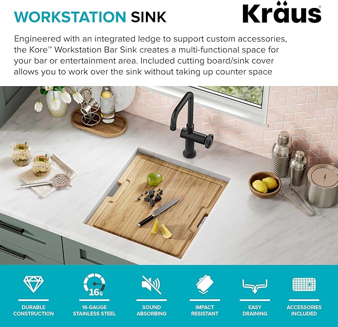 KRAUS Kore 17-Inch Undermount Workstation 16 Gauge Single Bowl Stainless Steel Bar Kitchen Sink with Accessories, KWU111-17