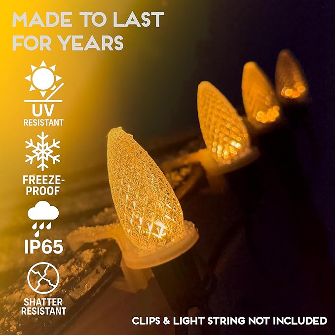HLO Lighting Set of 25 Yellow C9 Faceted LED Christmas Light Bulbs for Indoor & Outdoor Use | Durable Replacement Bulbs