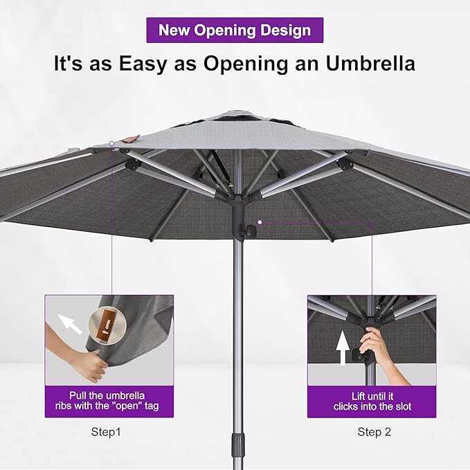 PURPLE LEAF 9 FT Semi-Auto Outdoor Patio Umbrella with Base Market Table Sun Umbrellas with 8 Aluminum Sturdy Ribs for Backyard Deck Garden Pool (Silver Pole Gray Canopy)