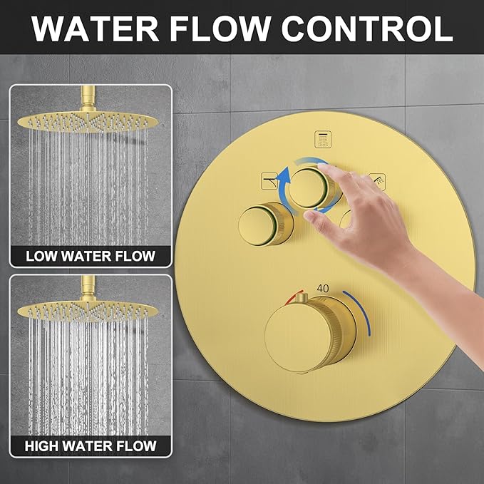 KOJOX Brushed Gold Thermostatic Shower System, Push Button Diverter Shower Faucet Set with 12" Ceiling Mount Rain Shower, 8" Wall Mount Shower Head, and 3-in-1 Handheld Spray