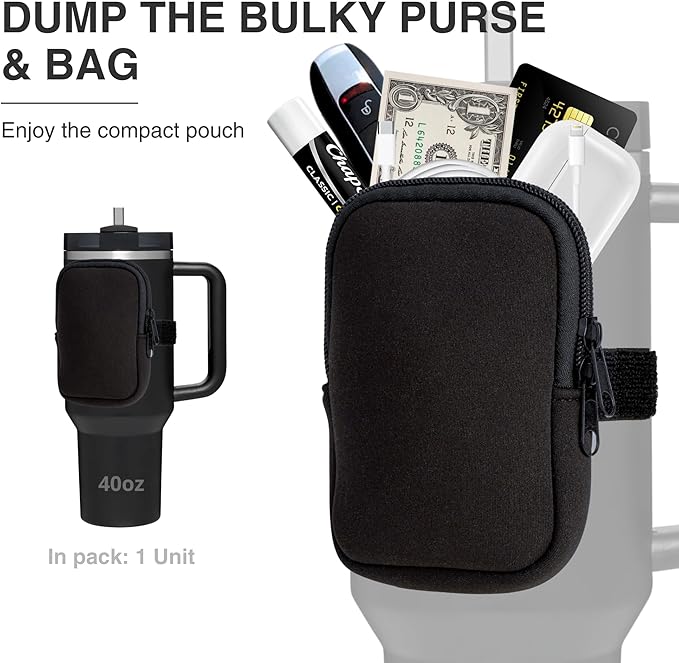Water Bottle Pouch for Stanley Cups with 20oz 30oz 40oz Stanley Quencher Adventure & Stanley IceFlow, Gym Accessories for Women Tumbler Pouch with Strap & Zipper Cup Purse for Card Keys (Black, Small)
