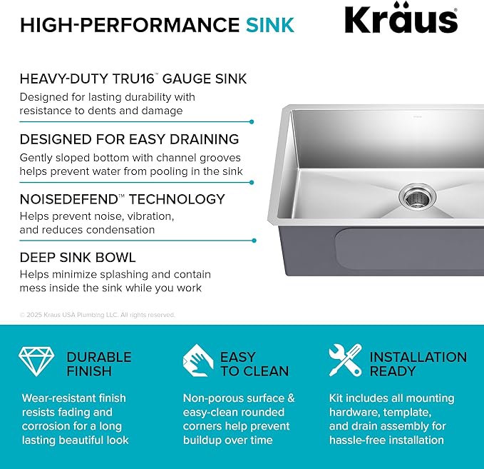 Kraus KHU100-32 Standart PRO 16 Gauge Undermount Single Bowl Stainless Steel Kitchen Sink, 32 Inch