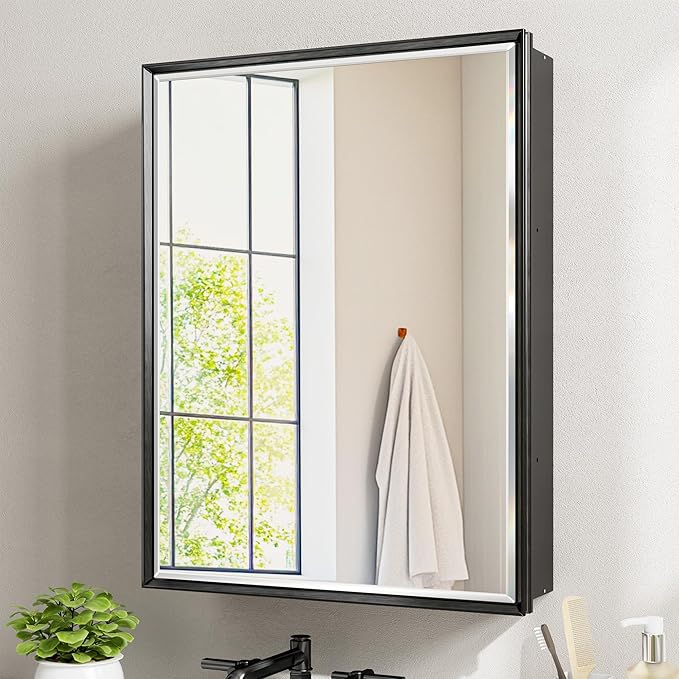 20''x 26'' Black Medicine Cabinet Mirror, Surface or Recessed Aluminum Framed Medicine Cabinet with Beveled Mirror, Full-Assembled, Adjustable Shelves,Reversible Bathroom Mirror with Storage