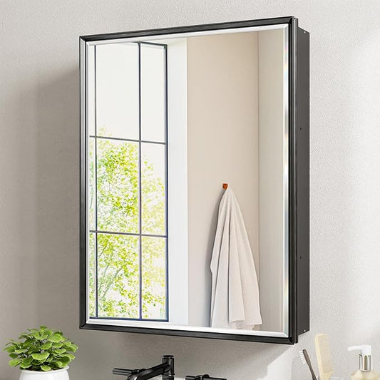 20''x 26'' Black Medicine Cabinet Mirror, Surface or Recessed Aluminum Framed Medicine Cabinet with Beveled Mirror, Full-Assembled, Adjustable Shelves,Reversible Bathroom Mirror with Storage