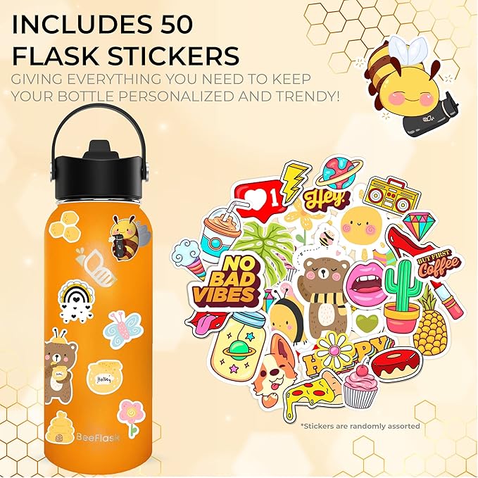 Sports Water Bottle - 32 Oz, 3 Lids (With straw), 50 Cute Stickers, Vacuum Insulated, 308 Stainless Steel, with a Portion of Sales Supporting Bee Conservation Efforts (Orange)