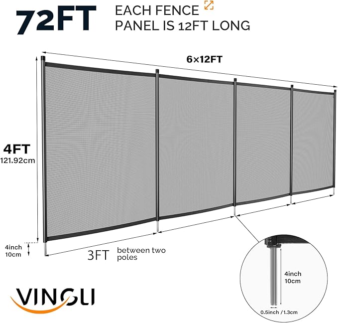 VINGLI Pool Fence 4Ft x 72Ft Swimming Pool Fence in Ground Pool Safety Fencing, Black