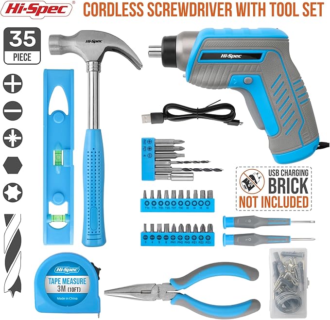 Hi-Spec 35pc Blue Tool Kit with 3.6V USB Electric Screwdriver and Drill set. Complete General Tool Set