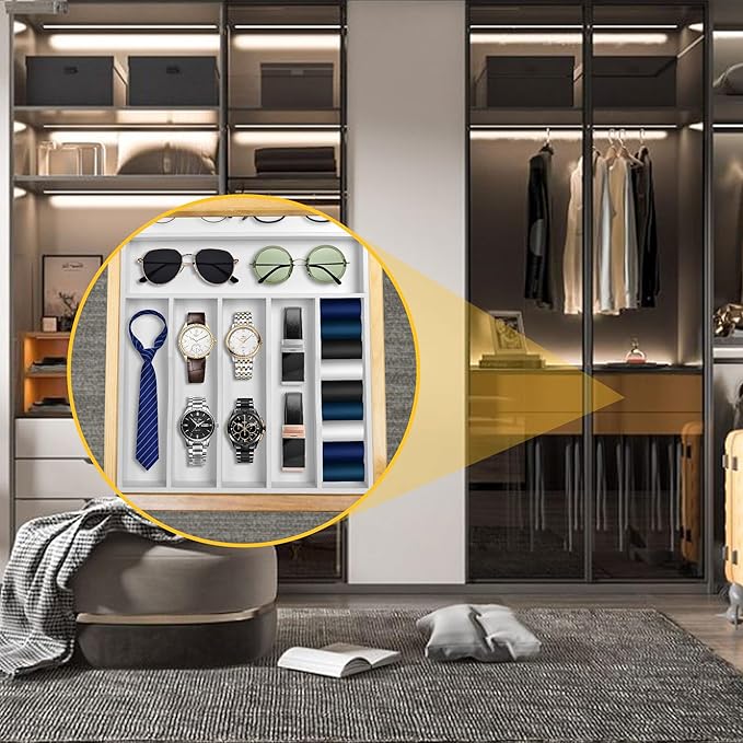 Kitchen Bamboo Silverware Organizer, Kitchen Drawer Organizer - Utensil Holder and Cutlery Tray with Grooved Drawer Dividers for Flatware 7 Slot, White