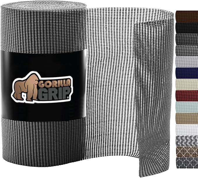 Gorilla Grip powerGRIP Drawer Shelf and Cabinet Liner, Thick Strong Hold, Non-Adhesive Liners Protect Kitchen Cabinets and Cupboard, Bathroom Drawers, Easy Install, Breathable Mat, 12" x10', Gray