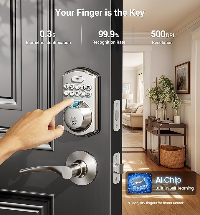 Veise Fingerprint Door Lock with 2 Lever Handles - Keyless Entry Door Lock, Electronic Keypad Deadbolt, Digital Smart Code & Front Handle Sets, Auto-Locking, Easy Installation, Satin Nickel