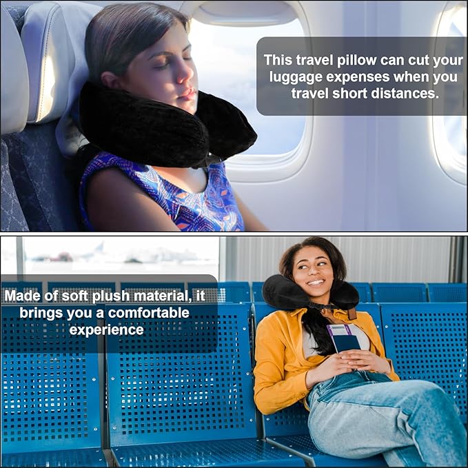 Stuffable Travel Pillow, 28x6.7 Inch Transformable Neck Pillow Plush Stuffable Storage Bag Neck Pillow with Clothes Adjustable U-Shape Pillow No Fillers for Travel (Black)