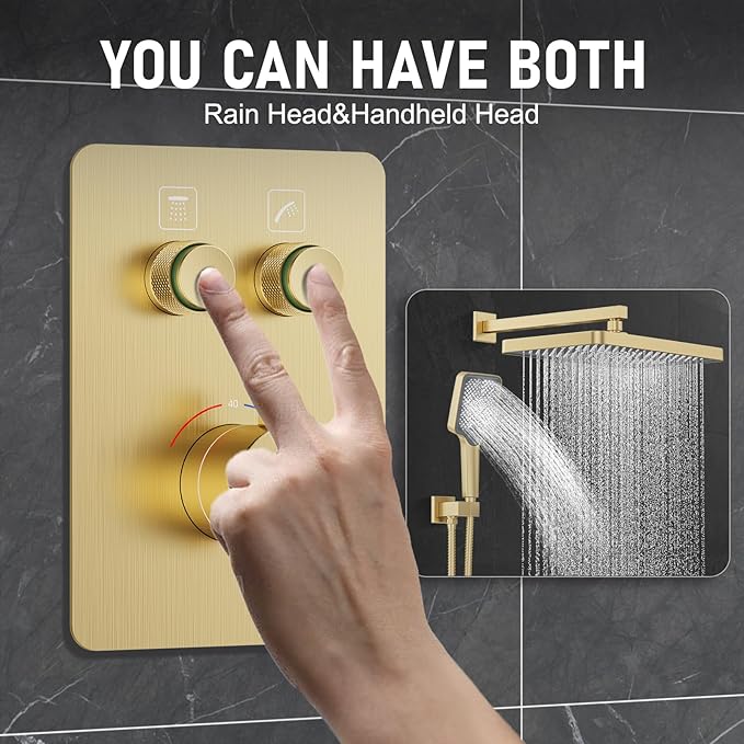 Thermostatic Shower System 13-Inch Rainfall Shower Head - 3 Setting Handheld Sprayer, Complete Bathroom Set with Faucet Mixer Trim Kit & Valve Brushed Gold