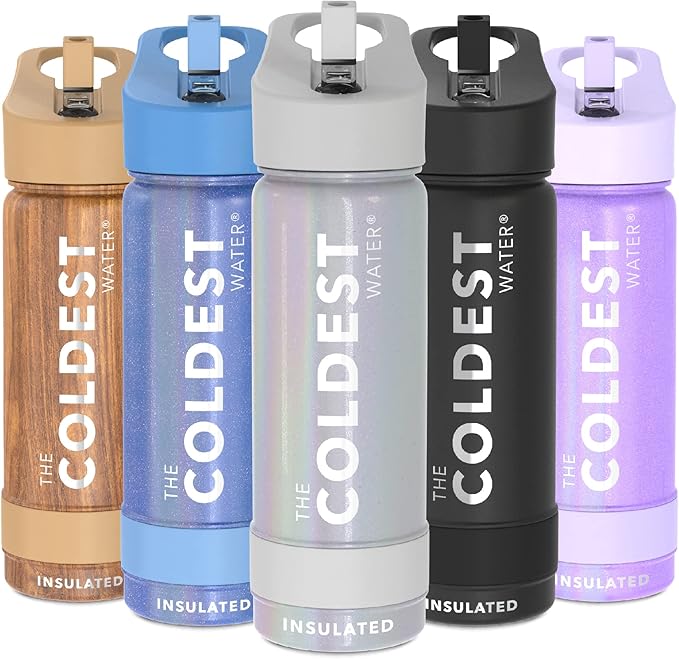Coldest Sports Water Bottle - Straw Lid Bottle with Handle Leak Proof, Vacuum Insulated Stainless Steel, Double Walled, Thermo Mug, Metal | Silver 18 oz