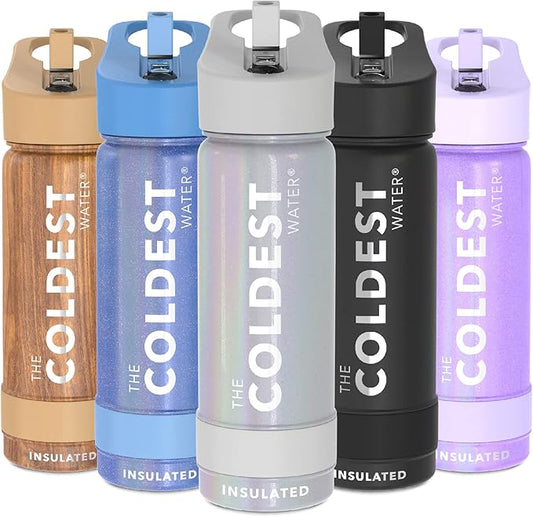 Coldest Sports Water Bottle - Straw Lid Bottle with Handle Leak Proof, Vacuum Insulated Stainless Steel, Double Walled, Thermo Mug, Metal | Silver 18 oz