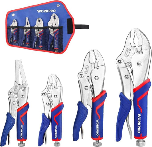 WORKPRO 4-Piece Locking Pliers Set with Comfortable Grip, 5-1/2", 7" and 9" Curved Jaw Locking Pliers, 6-1/2" Long Nose Locking with Storage Bag, Blue&red