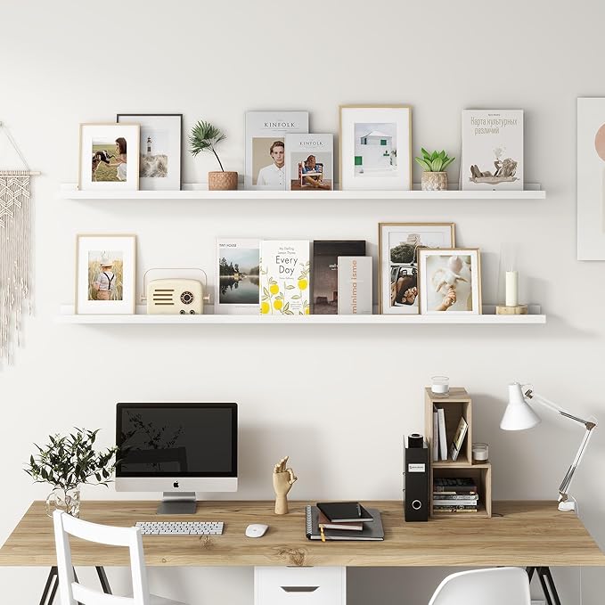 Picture Ledge Shelf, Floating Shelves Set of 2, Solid Pine Wood 72'' Long Large Nursery Book Shelves for Toys Storage, Kids Bookshelf for Living Room Bedroom Decor Books Photo Frames, White