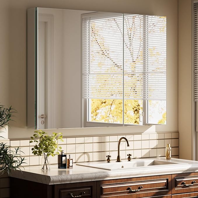 Bathroom Medicine Cabinet with Mirror, 36 Inch x 26 Inch Bathroom Mirror Cabinet with Double Door & Adjustable Shelves, Surface Mount or Recess Installation