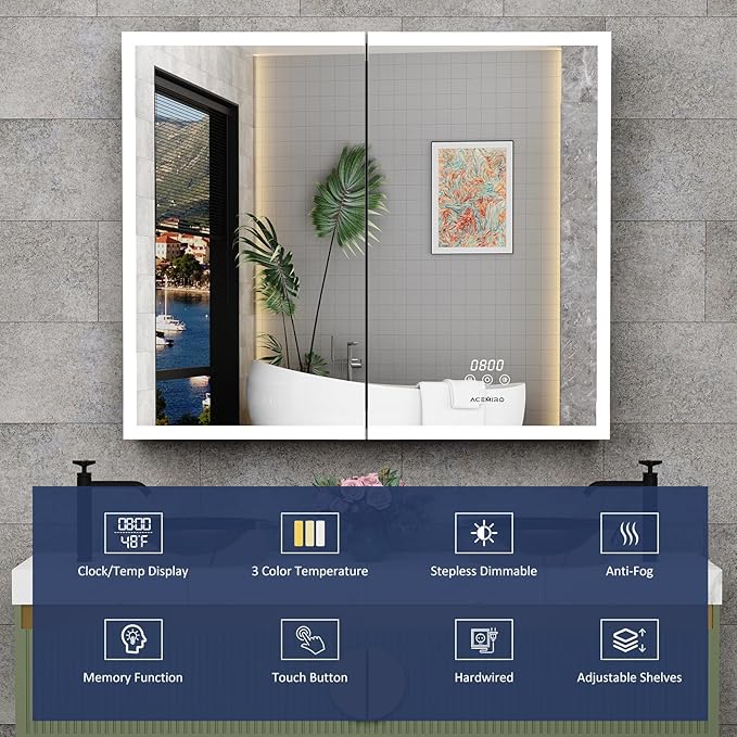 36"×30" Lighted Medicine Cabinet with Mirror, Surface or Recessed Bathroom Mirror Medicine Cabinet with Clock & Temp Display, Defogger, Dimming, Built-in Outlet & USB Ports, Double Door
