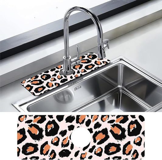 Kitchen Sink Splash Guard Faucet Mat Leopard Rosettes Sink Splash Guard Behind Faucet,1 PC Soft Diatom Mud Non-Slip Mat -for Kitchen,Sink Mat,Dish Drying Mat,Bathroom Faucet Mat 15.5"X5.5"