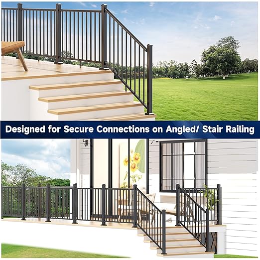 4 Pack Aluminum Deck Railing Bracket Connector with Stair Foot & Drill, Adjustable Railing Bracket, Black Textured Powder-Coat Finish Railing System(Stair Bracket)