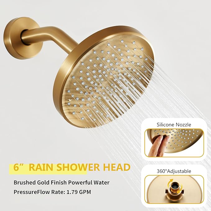 Tohlar Gold Shower Faucet Set with Tub Spout, Bathtub and Shower Faucet Combo Kit, 6-Inch Rain Shower Head and Faucet Set with Valve, Brushed Gold