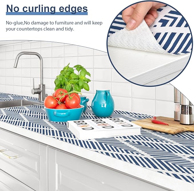 Shelf Liners for Kitchen Cabinets Non-adhesive, 12inx23.62FT Drawer Liner Non Slip Shelf Paper, Waterproof Easy to Clean Surface,Thicken Strong Grip for Pantry Cupboard Dresser Mat, Blue Stripe