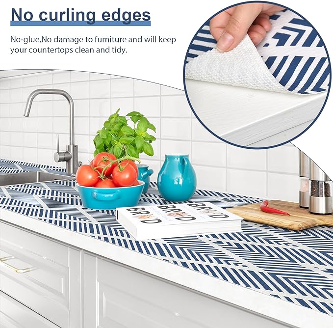 Shelf Liners for Kitchen Cabinets Non-Adhesive, 17.3in x 23.62FT Drawer Liner Non Slip Shelf Paper, Waterproof Easy to Clean Surface, Thicken Strong Grip for Pantry Cupboard Mat, Blue Stripe