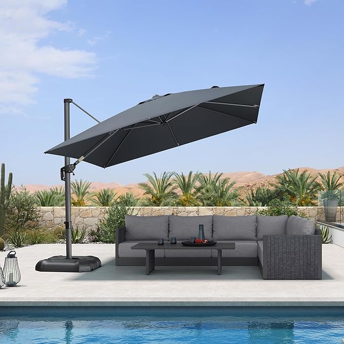 PURPLE LEAF 10 Feet Patio Umbrella Outdoor Cantilever Square Umbrella Aluminum Offset Umbrella with 360-degree Rotation for Garden Deck Pool Patio, Grey