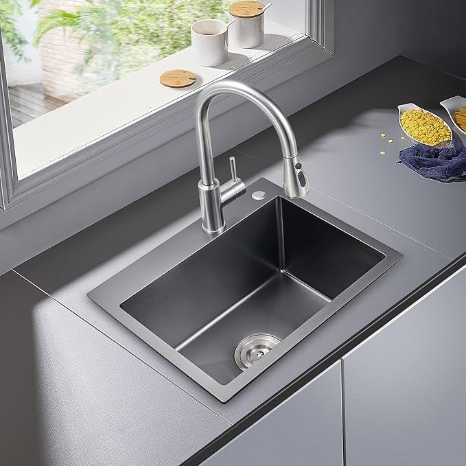 POPFLY 23 x 18 Inch Drop in Kitchen Sink, 304 Stainless steel Overmount Single Bowl Utility 9 Inch Deep Small Sink, Radius Handmaed Bar Prep Sink, Black