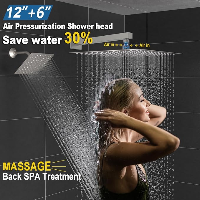 Enga Thermostatic Dual Shower System, 12"+6" Wall Mount Dual Rain Shower Faucet, All Functions Use Together & Volume Adjustable, Brushed Nickel