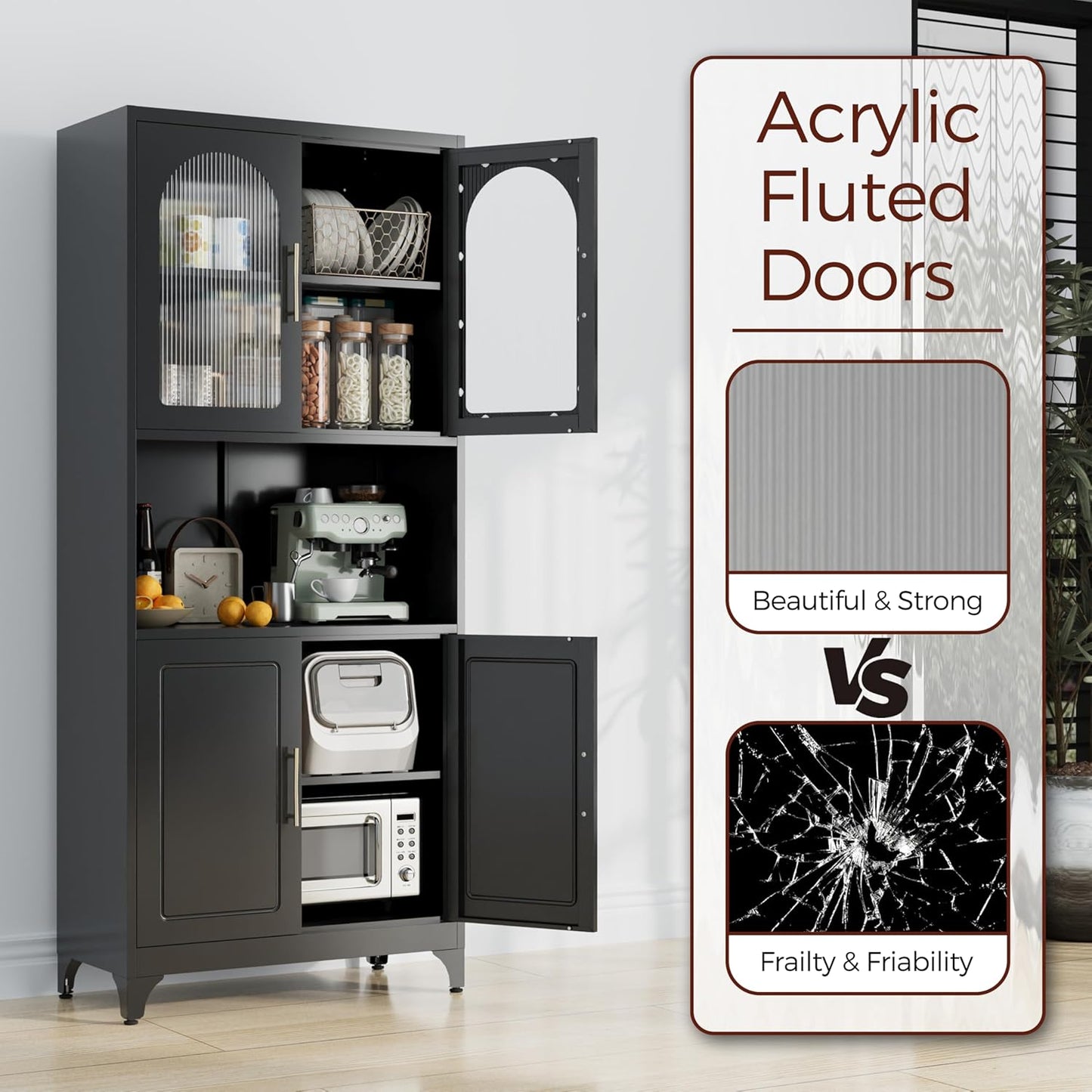 75" Tall Kitchen Pantry Cabinet, Metal Storage Cabinets with Acrylic Doors and Adjustable Shelves, Hutch Cabinet with Storage, Black Microwave Stand Cabinets for Dining Living Room