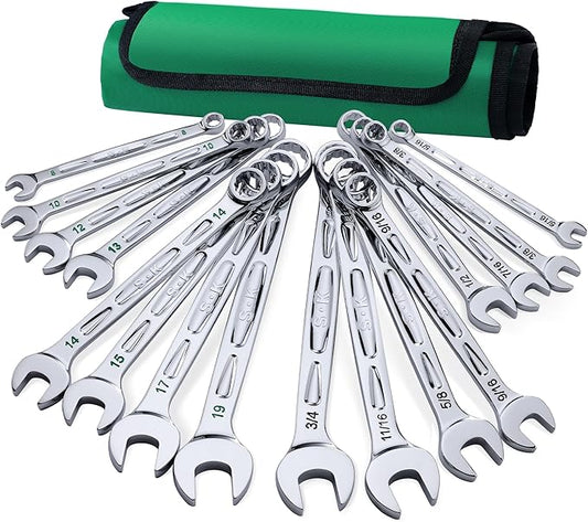 SK Combination Wrench Set, SAE 5/16" to 3/4", Metric 8, 10, 12, 13, 14, 15, 17, 19mm, 16-Piece, SuperKrome Finish, Premium CR-V Construction, with Rolling Pouch