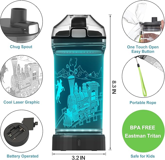 Kids Water Bottle with Train Design 3D Glowing LED Light-Tritan BPA Free,Perfect for Back-to-School Season, Girls, Boys, Kids, Holiday Camping, Picnic Gifts - 14 oz Travel Mug