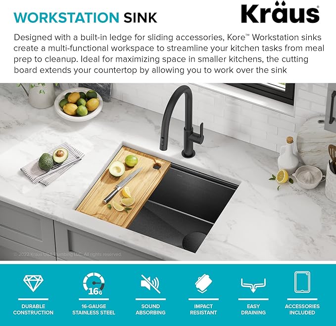 KRAUS Kore 23 Inch Drop-In Undermount Workstation 16 Gauge Stainless Steel Single Bowl Kitchen Sink n PVD Gunmetal Finish with Accessories, KWU1111-23-PGM