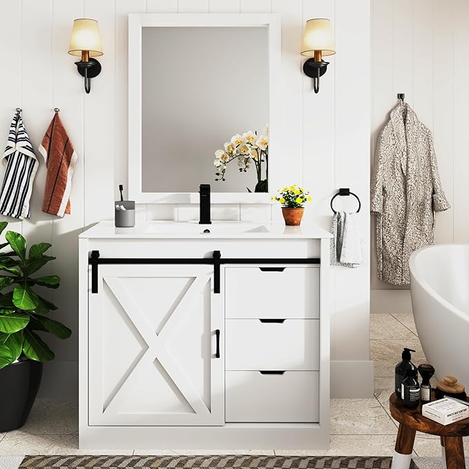36 Inch Bathroom Vanity with Sink & Faucet & Mirror, Farmhouse Bathroom Vanity Cabinet Set with Sliding Barn Door & Drawers, Small Single Bath Storage Vanity Sink, White