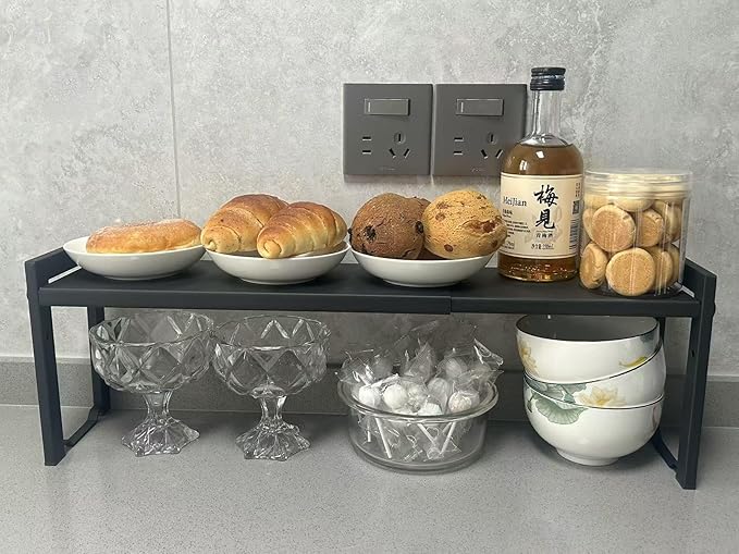 Expandable Cabinet Shelf Organizer 16-26" L Stackable Kitchen Counter Shelf Rack Stand Sink Riser Countertop Storage Black (Narrow 5.1”D)