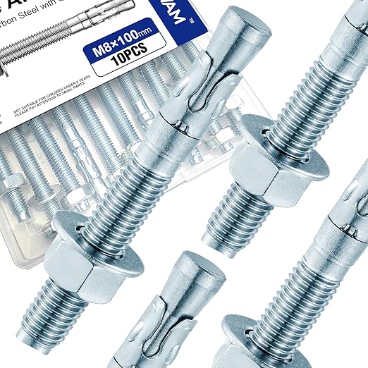 10Pcs M8×100mm Wedge Anchor Bolt, Carbon Steel Zinc Plated, Concrete Anchor Screws Kit, Anti-Rust Metric Expansion Bolts
