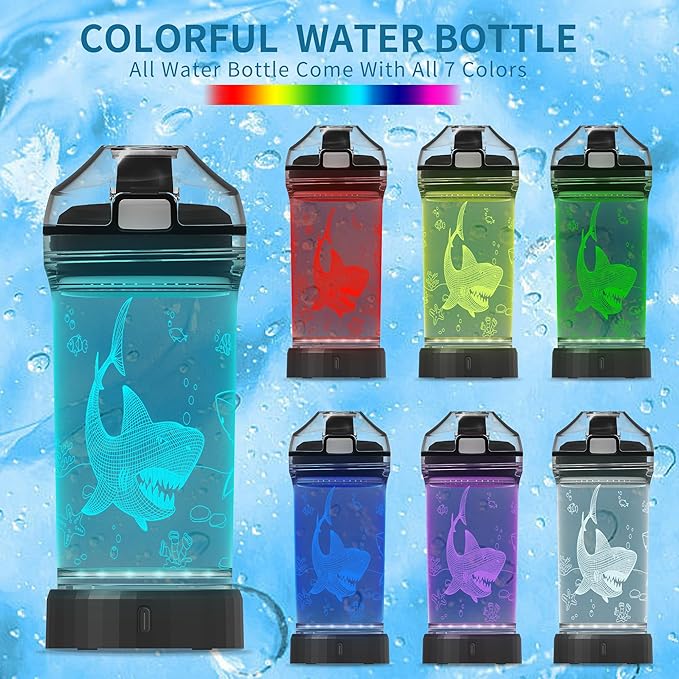 Kids Water Bottle with Shark Design 3D Glowing LED Light-Tritan BPA Free,Perfect for Back-to-School Season, Girls, Boys, Kids, Holiday Camping, Picnic Gifts - 14 oz Travel Mug