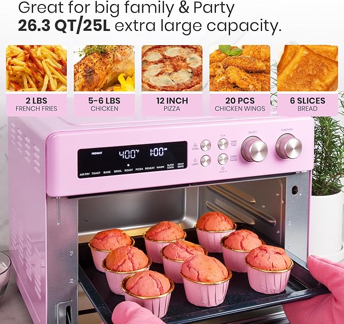 VAL CUCINA Retro Style Infrared Heating Air Fryer Toaster Oven, Extra Large Countertop Convection Oven 10-in-1 Combo, 6-Slice Toast, Enamel Baking Pan Easy Clean with Recipe Book, Classic Pink Color