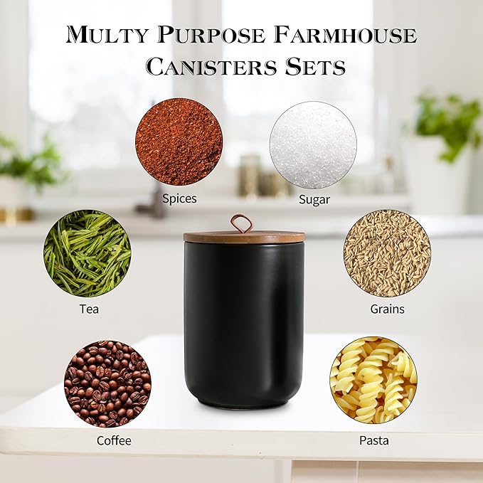 Black Ceramic Canister Set with Wooden Lid, 3-Piece Food Storage Jars for Kitchen Counter, Storage Container for Coffee, Tea, Spice, Sugar, Grains, Salt