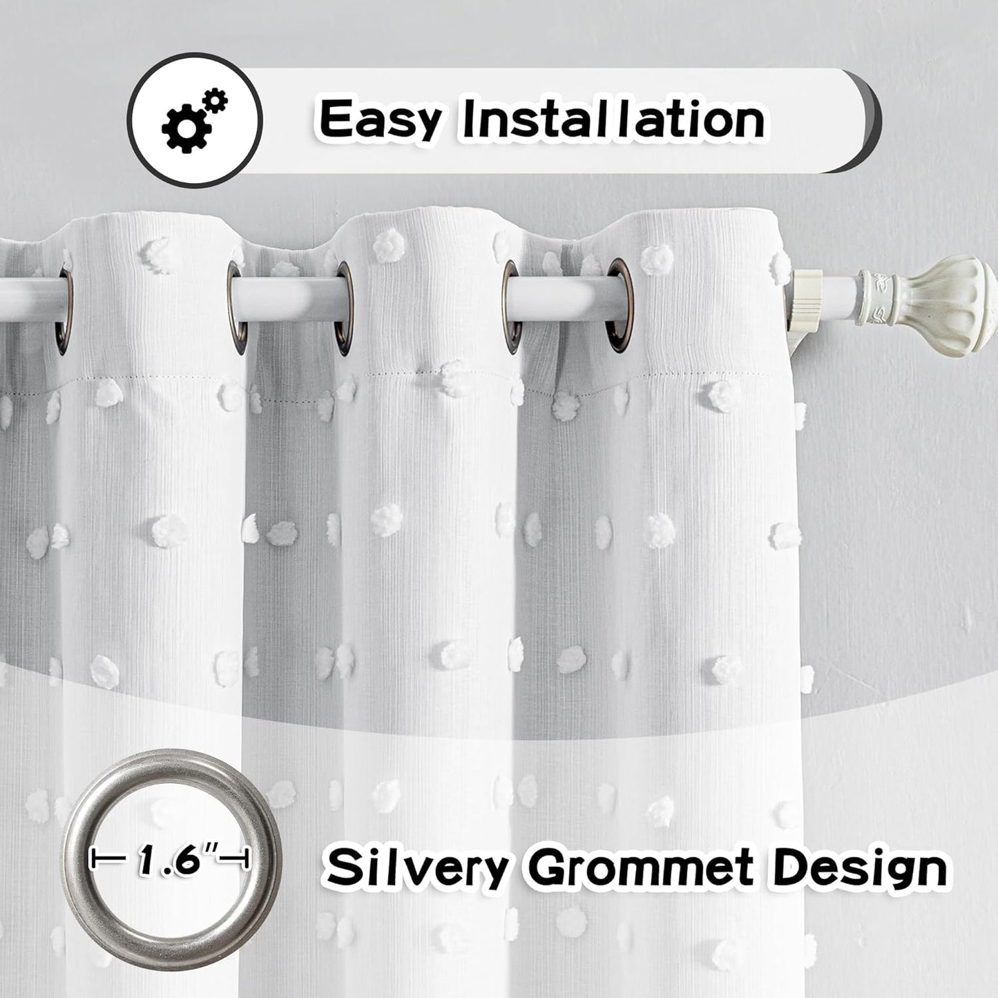 MYSKY HOME 100% White Blackout Curtains for Girls Bedroom 90 Inch Long Total Light Blocking Curtains for Living Room 2 Panels Room Darkening Grommet Window Drapes with White Pom Pom Sheer 52W x 90L