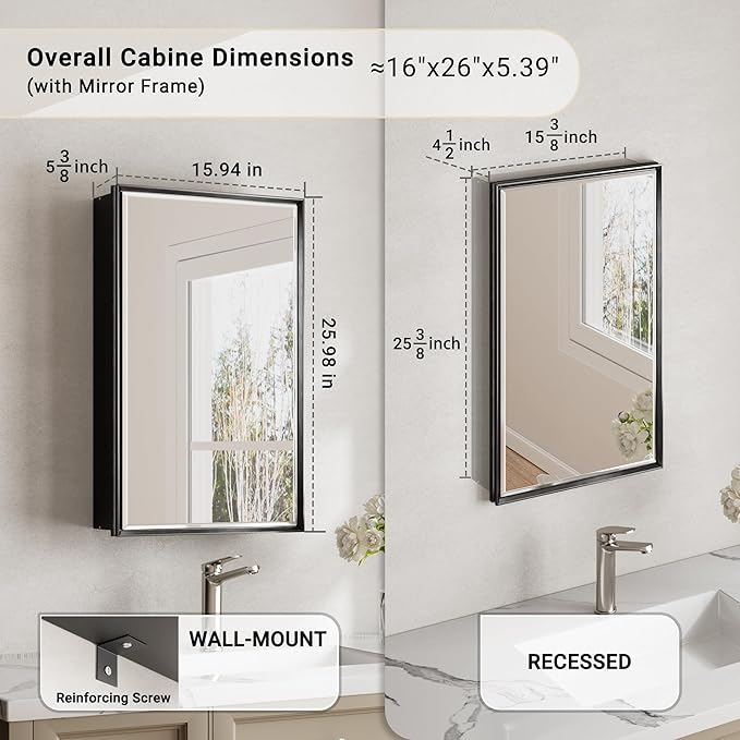 Black Medicine Cabinet Mirror, 16''x 26'' Surface or Recessed Aluminum Framed Medicine Cabinet with Beveled Mirror, Full-Assembled, Adjustable Shelves,Reversible Bathroom Mirror with Storage