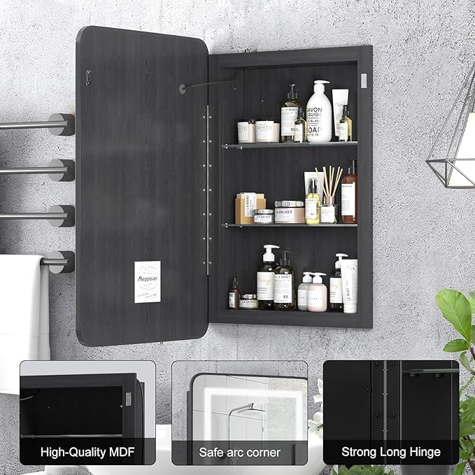 Black Medicine Cabinet with Lights,Recessed Medicine Cabinets for Bathroom Medicine Cabinets with Mirror,3-Color Lighted Medicine Cabinet with Metal Edge,Wall Mounted Mirrored Cabinets 20x30