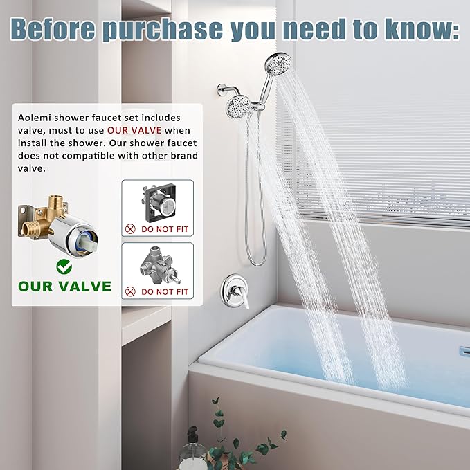 Aolemi Shower Faucet Set Rain Shower Head System Shower Trim Kit Pressure Rough-in Valve Included ABS 8 Setting Dual Shower Head and Handheld Spray Polish Chrome