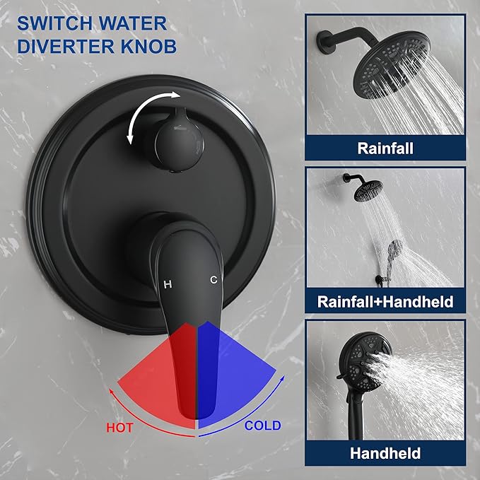 SHAMANDA 15-Function Shower System with Valve and Trim, Bathroom Luxury Shower Faucets Sets Complete with 9 Setting Handheld showerhead & 6 Setting Rain Shower, Wall mounted, Matte Black, L8082-7