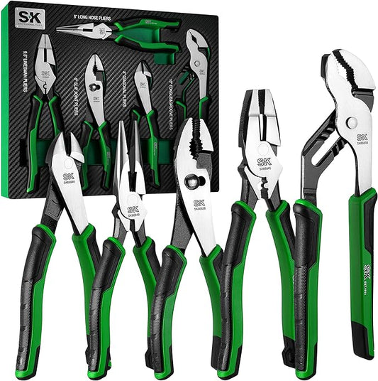 SK 5-Piece Pliers Set, 8" Long Nose, 9.5" Linesman, 8" Slip Joint, 8" Diagonal, and 10" Groove Joint, Premium CR-V Construction, with EVA Foam Tool Organizer