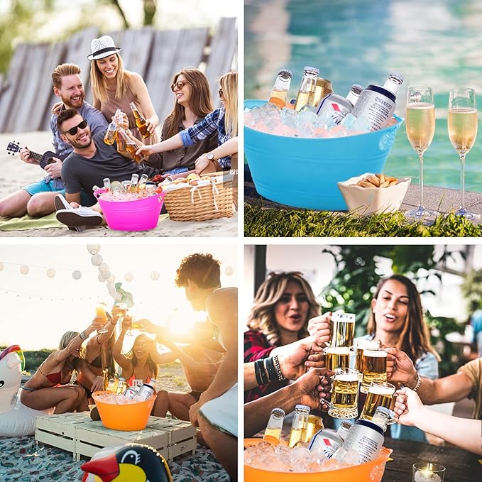 8Pcs Ice Bucket, Plastic Ice Buckets for Parties, Drink Buckets with Handles Beverage Buckets Oval Storage Plastic Tub for Wine Beer Champagne Bottles, 4.3Liter (set-2)