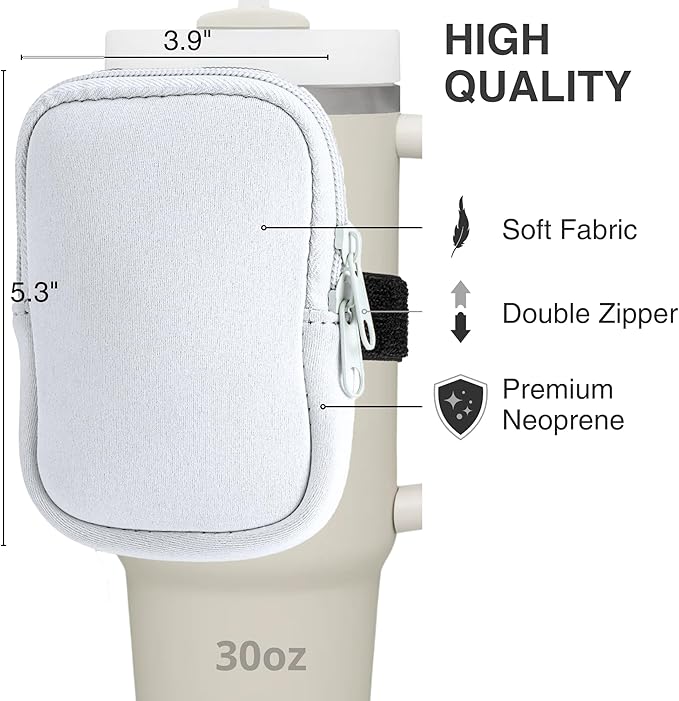 Water Bottle Pouch for Stanley Cups with 20oz 30oz 40oz Stanley Quencher Adventure & Stanley IceFlow, Gym Accessories for Women Tumbler Pouch with Strap & Zipper Cup Purse for Card Keys (White, Small)