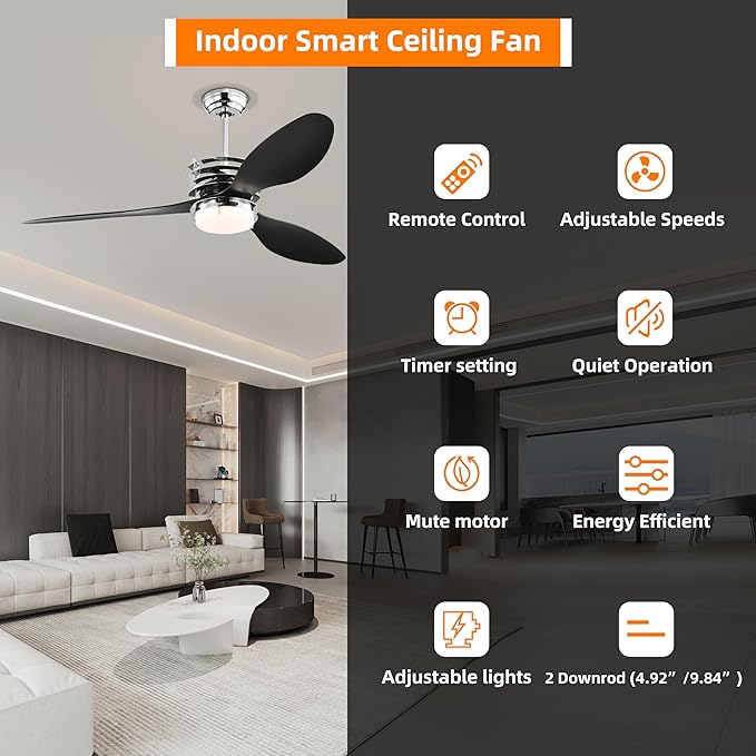 NicBex Ceiling Fan 52 Inch Ceiling Fan with Lights Ceiling Fans with 3 ABS Blades and Remote Control DC Motor Ceiling Fan with Down Rod Mount for Bedroom, Living Room, Black